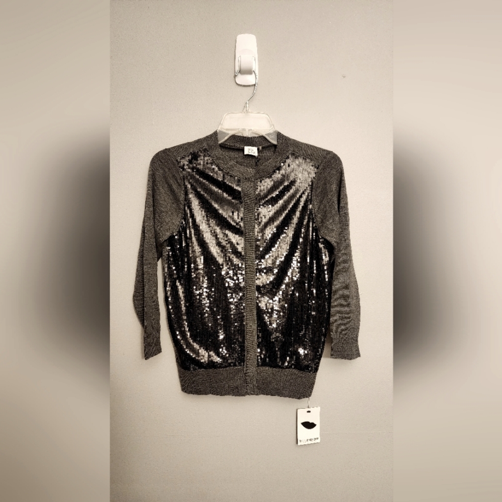 NWT IRIS & INK Sequin Button Up Cardigan Sweater Grey Size XS